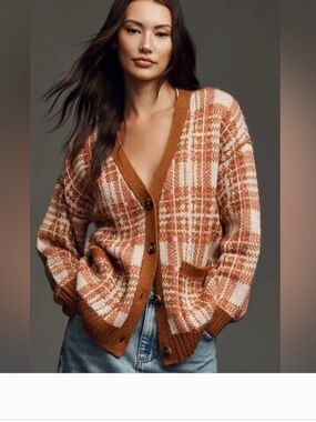 Anthropologie button brown and pink Plaid Cardigan